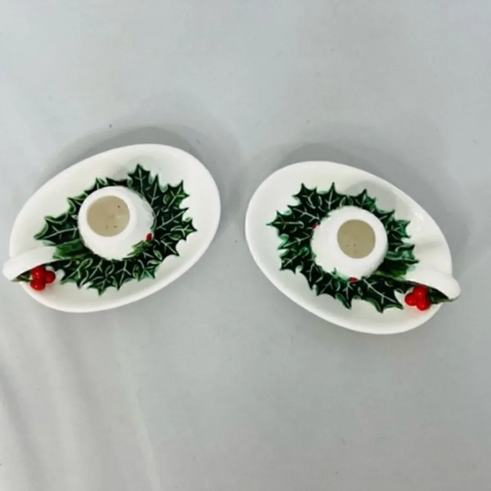 2 Lefton White Green Holly Berry Candle Holders - No 1341 The item size is 5